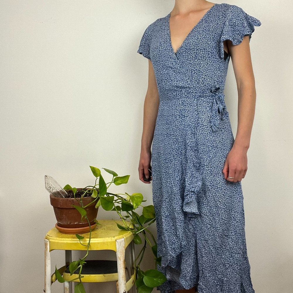 Blue Floral Midi Wrap Dress - Women’s S - Cottage Core